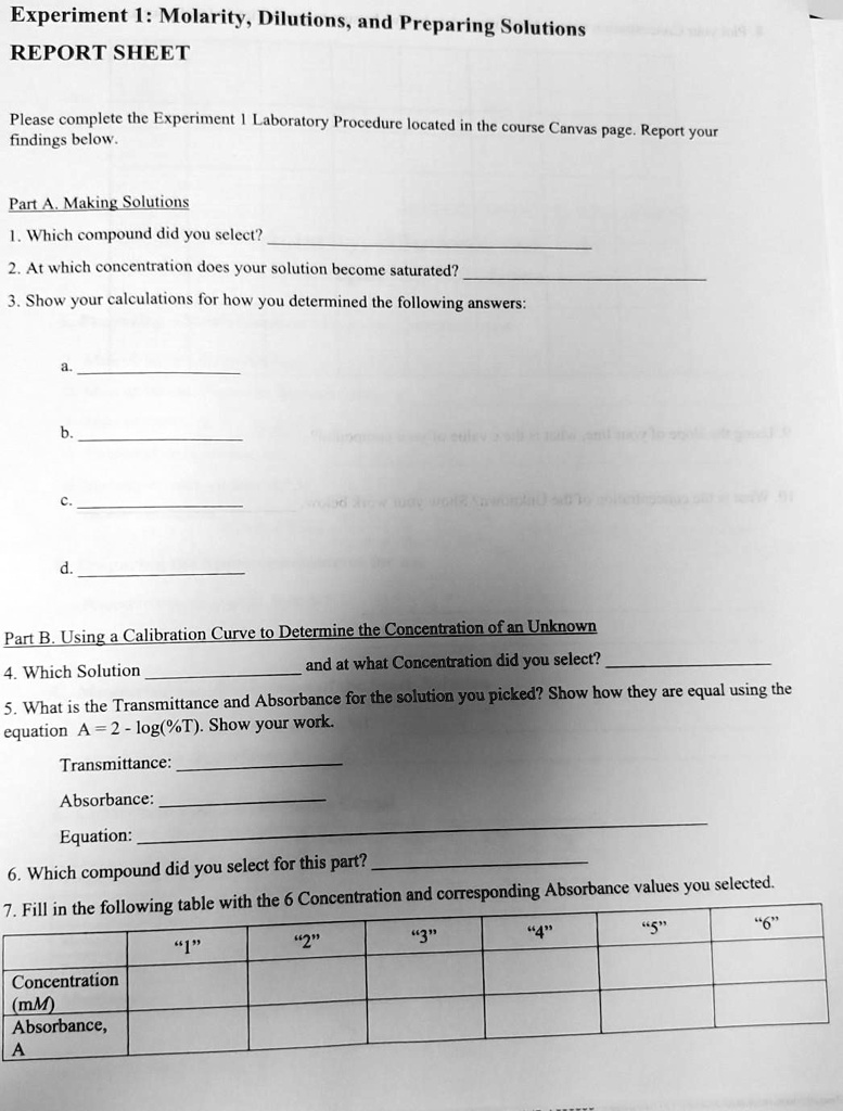 SOLVED Experiment I Molarity, Dilutions, and Preparing Solutions