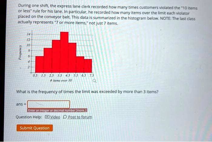 Solved During One Shift The Express Lane Clerk Recorded How Many Times Customers Violated The 10 Items Or Less Rule For His Lane In Particular He Recorded How Many Items Over The