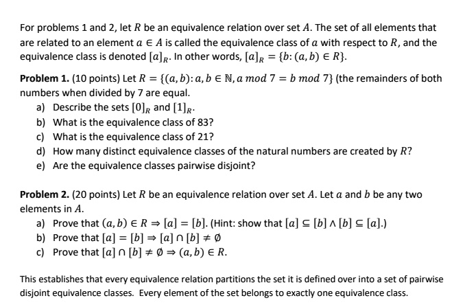 SOLVED: For problems 1 and 2, let R be an equivalence relation over set ...