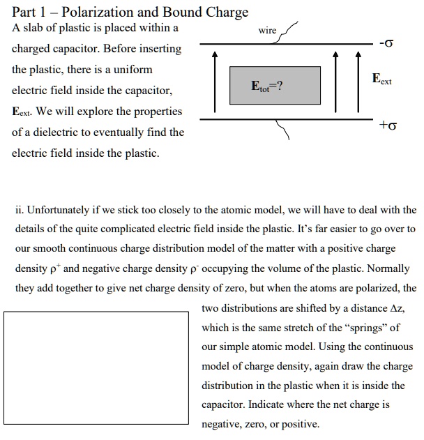 SOLVED Part 1 Polarization and Bound Charge A slab of plastic is placed within a wire charged