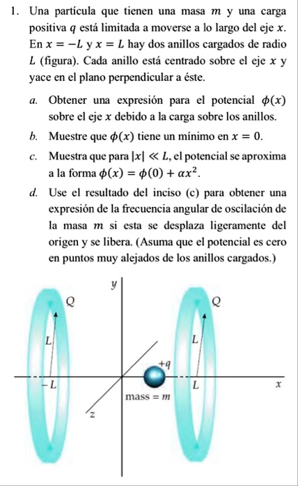 una particula que tienen una masa m y una carga positiva q esta limitada a moverse a lo largo del eje x en x l y xl hay dos anillos cargados de radio l figura cada anillo esta centrado sobre 73404