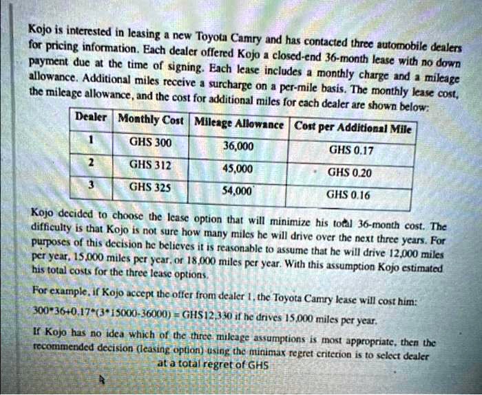 SOLVED: Kojo is interested in leasing a new Toyota Camry and has ...