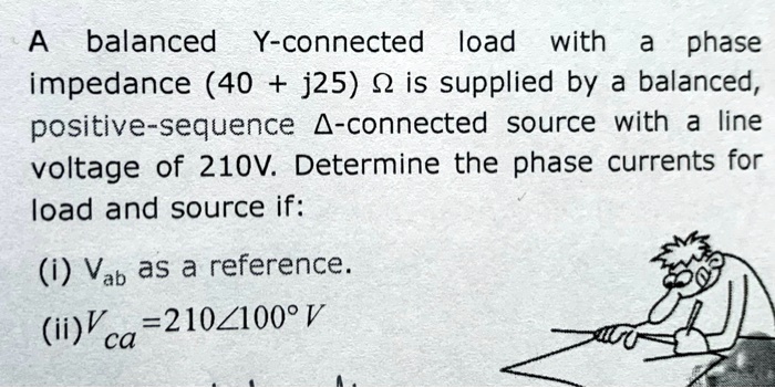 A balanced Y-connected load with a phase impedance (40 + j25) is ...