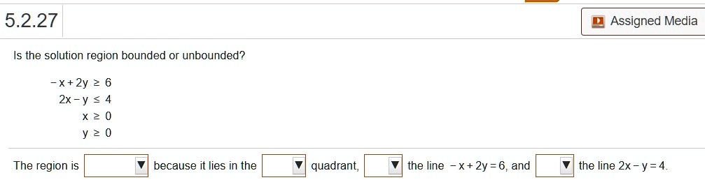 Solved 5 2 27 Assigned Media Is The Solution Region Bounded Or Unbounded X 2y 6 2x Y 4 X 2 0 Y 2 0 The Region Is Because It Lies In The Quadrant The