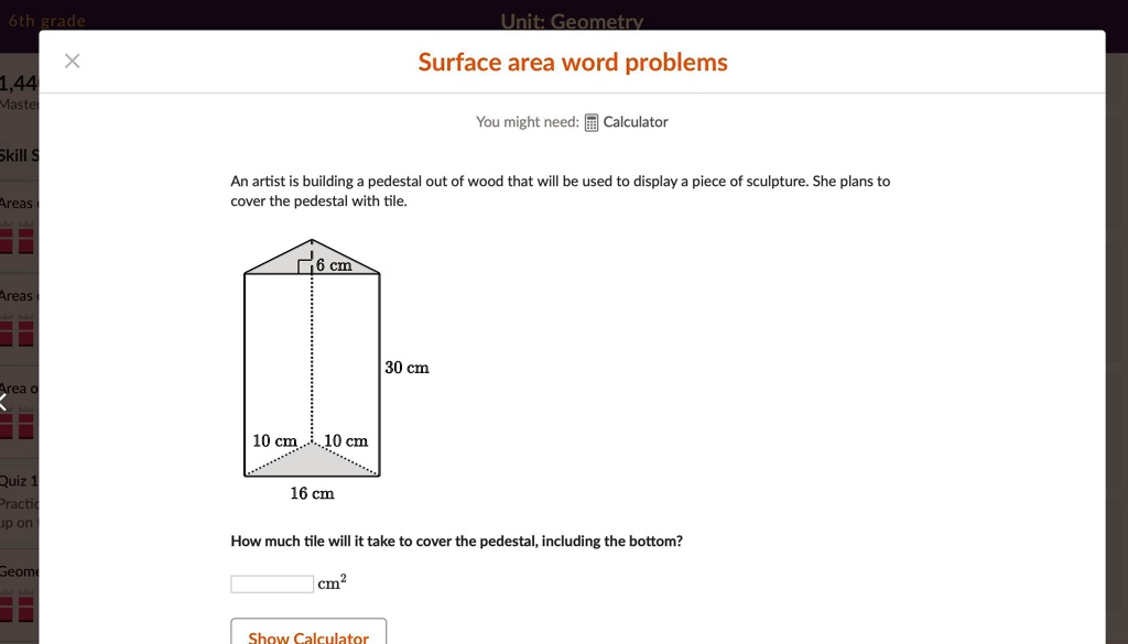 SOLVED 'HELP, please. Get it correct. oth Unit Geometry Surface area