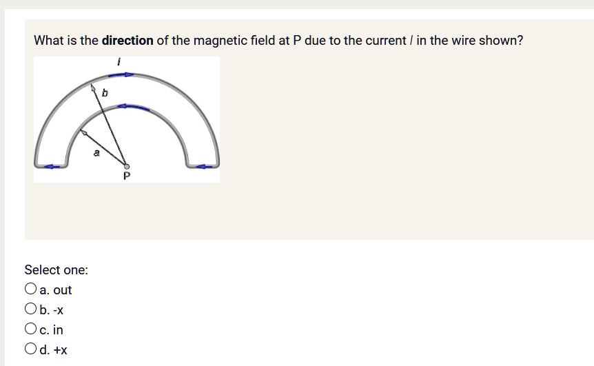 What is the direction of the magnetic field at P due to the current I in the wire shown?
Select one:
a. out
b. -x
c. in
d. +x