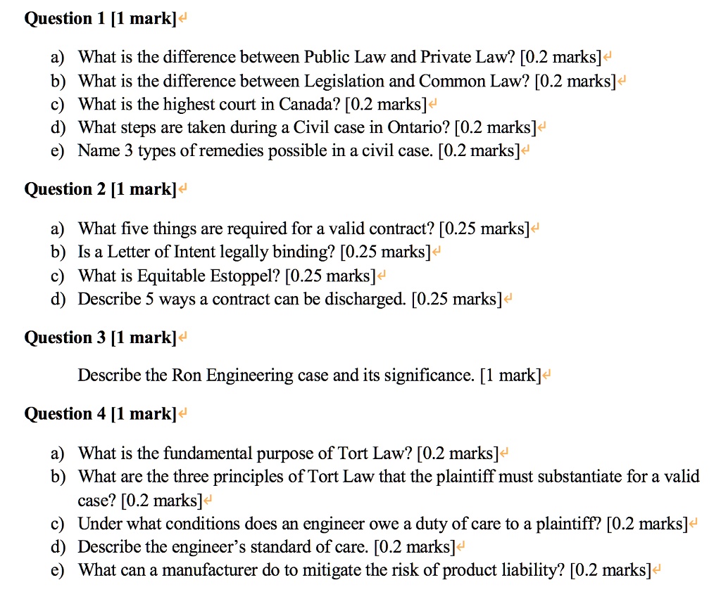 SOLVED: Question 1 [1 mark] a) What is the difference between Public Law  and Private Law? [0.2 marks]e b) What is the difference between Legislation  and Common Law? [0.2 marks]< What is