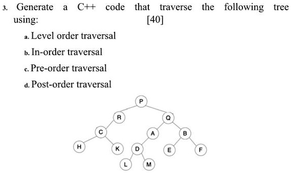 3. Generate a C++ code that traverse the following tree using: [40] a ...