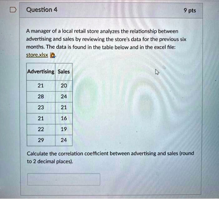A manager of a local retail store analyzes the relationship between advertising and sales by reviewing the store's data for the previous six months. The data is found in the table below and in the excel file: store.xlsx

Advertising | Sales
21 | 20
28 | 24
23 | 21
21 | 16
22 | 19
29 | 24

Calculate the correlation coefficient between advertising and sales (round to 2 decimal places).