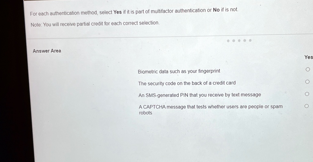 for each authentication method select yes if it is part of multifactor authentication or no if is not note you will receive partial credit for each correct selection answer area biometric da 94122