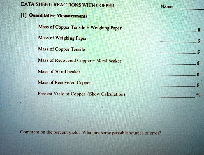 SOLVEDDATA SHEET REACTIONS WITH COPPER [1] Quantitative Measurements