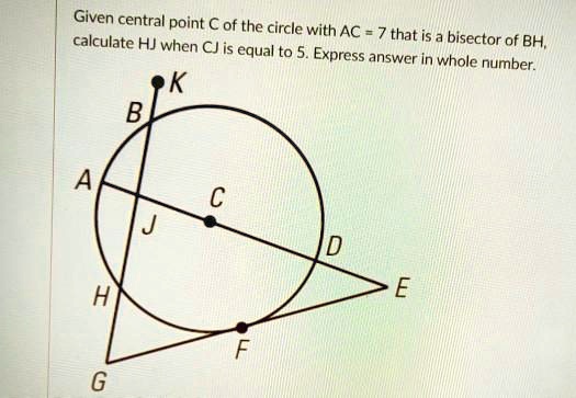 Given central point C of the circle with AC = 7 that is a bisector of BH, calculate HJ when CJ is equal to 5. Express answer in whole number.