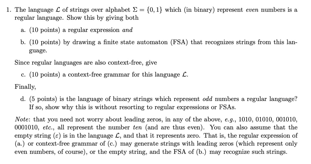 SOLVED: 1. The language C of strings over alphabet E = 0,1 which (in ...