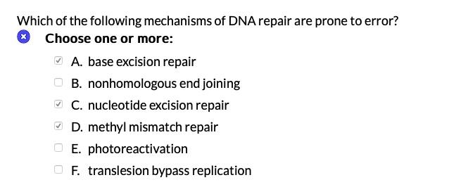 Which of the following mechanisms of DNA repair are prone to error?
Choose one or more:
A. base excision repair
B. nonhomologous end joining
C. nucleotide excision repair
D. methyl mismatch repair
E. photoreactivation
F. translesion bypass replication