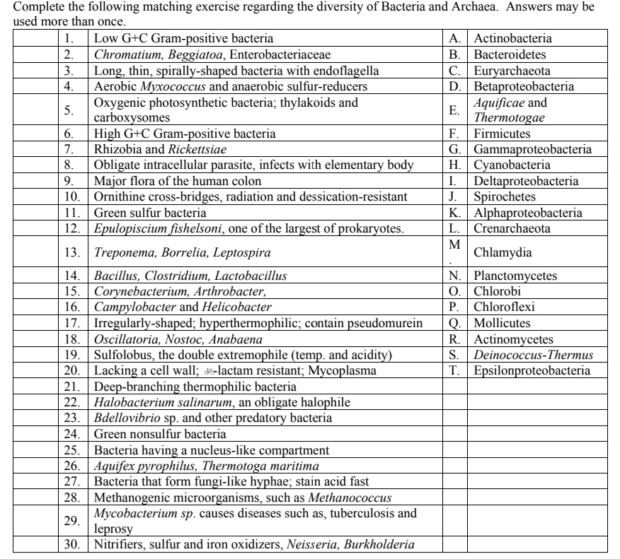 the following matching exercise regarding the diversity