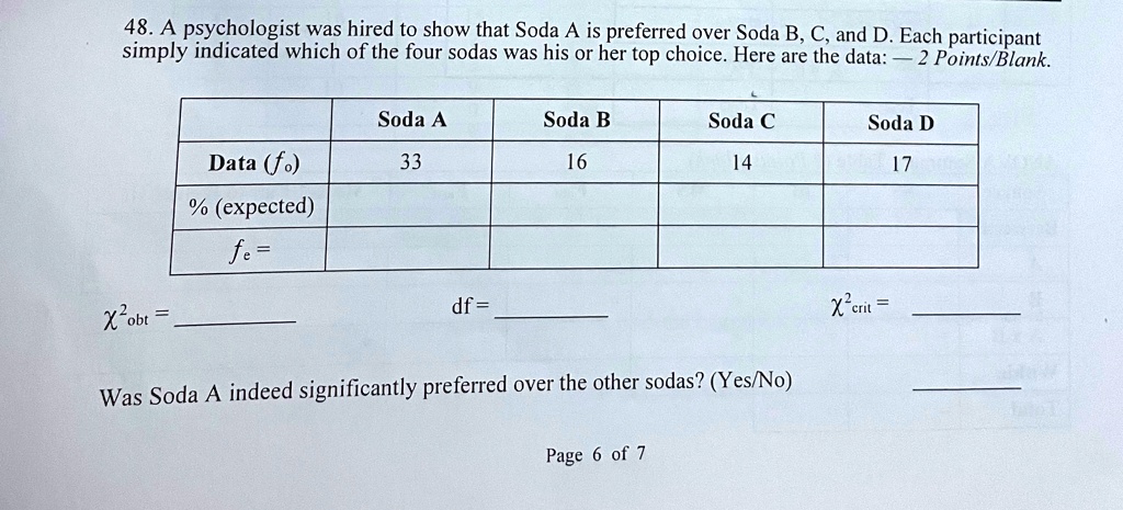 48. A psychologist was hired to show that Soda A is preferred over Soda B, C, and D. Each participant simply indicated which of the four sodas was his or her top choice. Here are the data: - 2 Points/Blank.
Data (fo)
Soda A
33
Soda B
16
Soda C
14
Soda D
17
% (expected)
fe =
df = 
Was Soda A indeed significantly preferred over the other sodas? (Yes/No)
Page 6 of 7
χ^2obt =
χ^2crit =