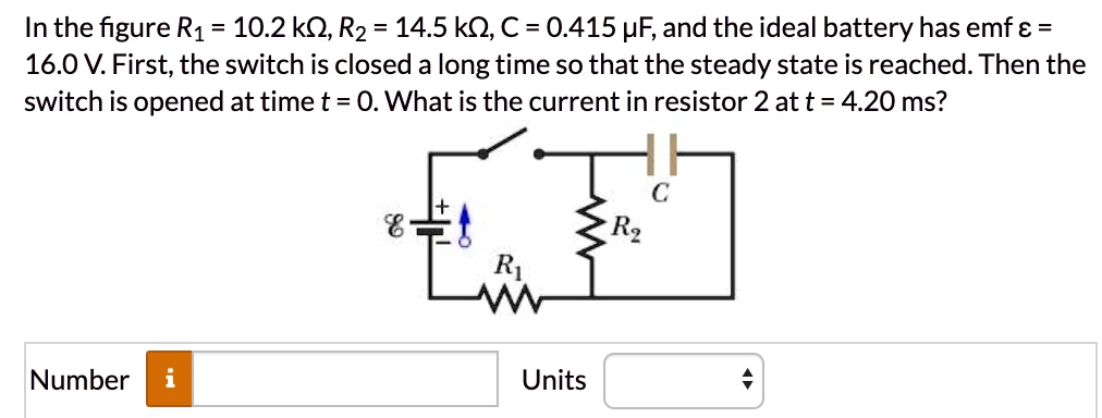 In the figure R1 = 10.2 	ext kOmega, R2 = 14.5 	ext kOmega, C = 0.415 	ext mu F, and the ideal battery has emf varepsilon = 16.0 	ext V. First, the switch is closed a long time so that the steady state is reached. Then the switch is opened at time t = 0. What is the current in resistor 2 at t = 4.20 	ext ms?
