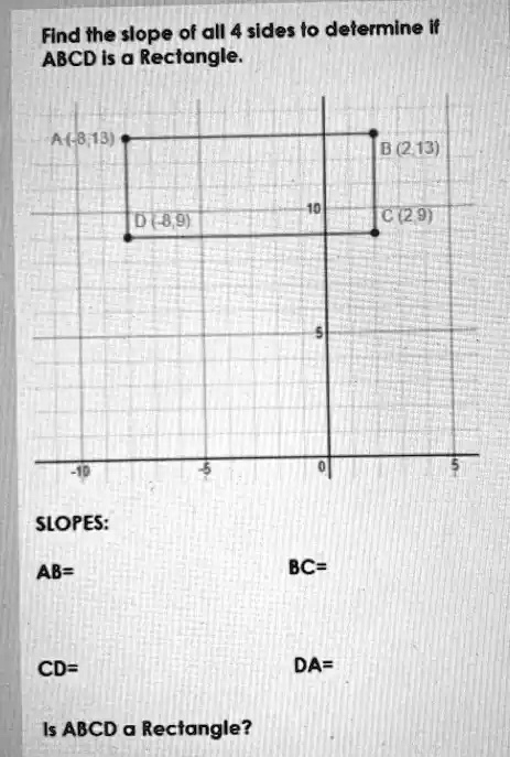 Find the slope of all 4 sides to determine if ABCD is a Rectangle.
A(-8,13)
B (2,13)
D (-8,9)
C (2,9)
SLOPES:
AB=
CD=
Is ABCD a Rectangle?
BC=
DA=