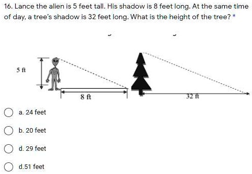 In the figure, the person is 6 ft tall and his shadow is 5 ft long. The  tree's shadow is 8 ft long. What 