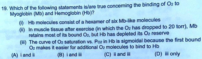Solved:19. Which Of The Following Statements Islare True Concerning The  Binding Of 0Z To Myoglobin (Mb) And Hemoglobin (Hb)? Hb Molecules Consist  Of A Hexamer Of Six Mb-Like Molecules In Muscle Tissue Solved:19. Which Of The Following Statements Islare True Concerning The  Binding Of 0Z To Myoglobin (Mb) And Hemoglobin (Hb)? Hb Molecules Consist  Of A Hexamer Of Six Mb-Like Molecules In Muscle Tissue