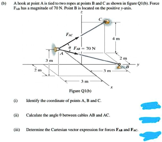 SOLVED:(b) Ahook a point A is tied to two ropes at points B and C as ...