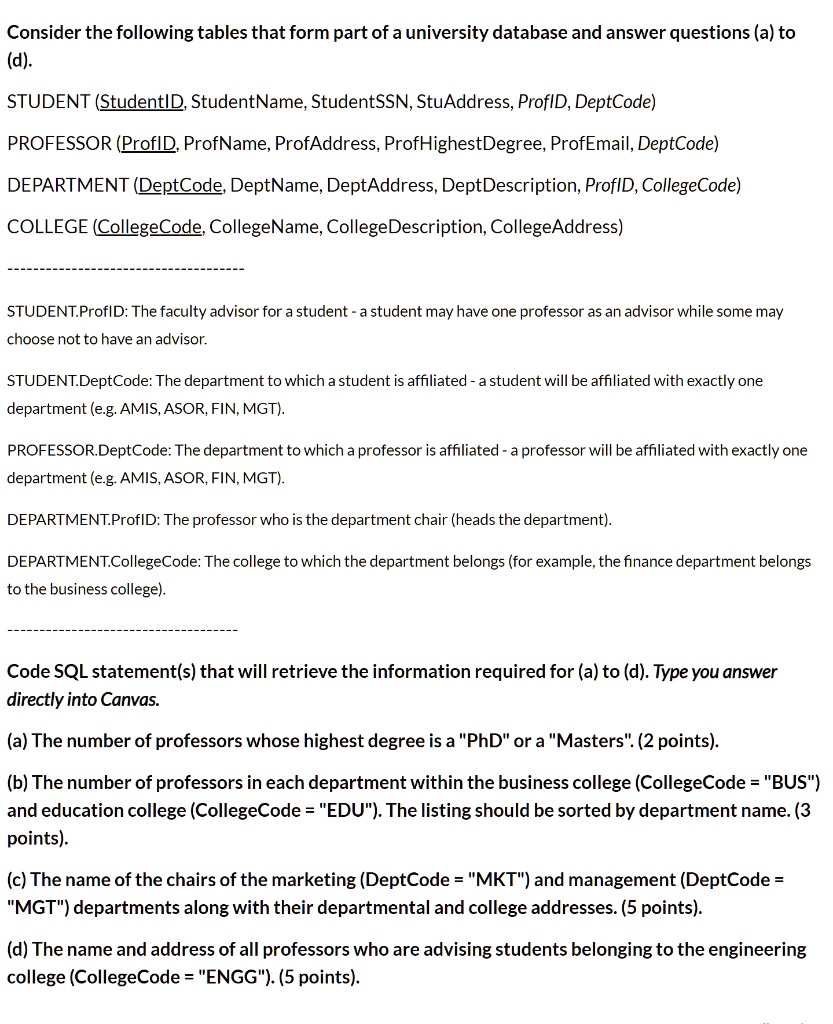 SOLVED Consider the following tables that form part of a university