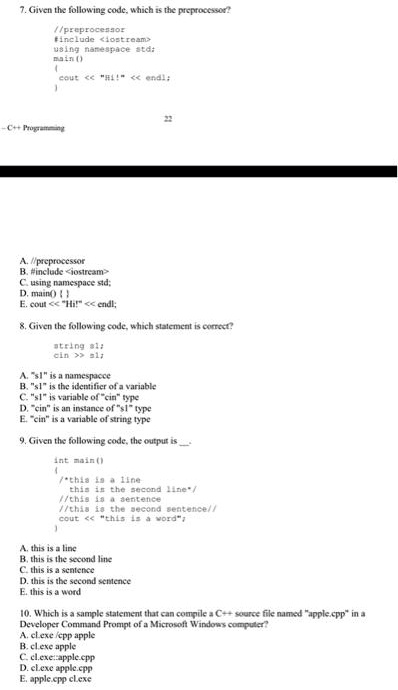 Given the following code, which is the preprocessor? // preprocessor # ...