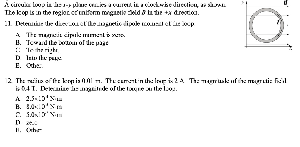 A circular loop in the x-y plane carries a current in a clockwise ...