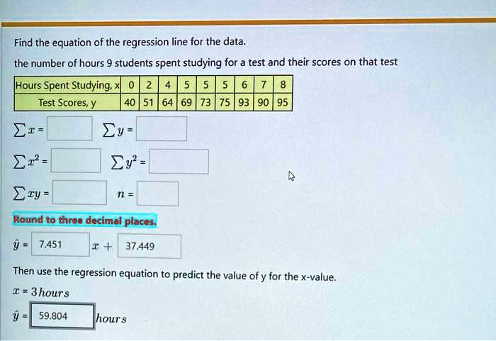 Find the equation of the regression line for the data.
the number of hours 9 students spent studying for a test and their scores on that test
Hours Spent Studying, x | 0 | 2 | 4 | 5 | 5 | 5 | 6 | 7 | 8
Test Scores, y | 40 | 51 | 64 | 69 | 73 | 75 | 93 | 90 | 95
? x =
? y =
? x² =
? y² =
? xy =
n =
Round to three decimal places.
? = 7.451 x + 37.449
Then use the regression equation to predict the value of y for the x-value.
x = 3 hours
? = 59.804 hours