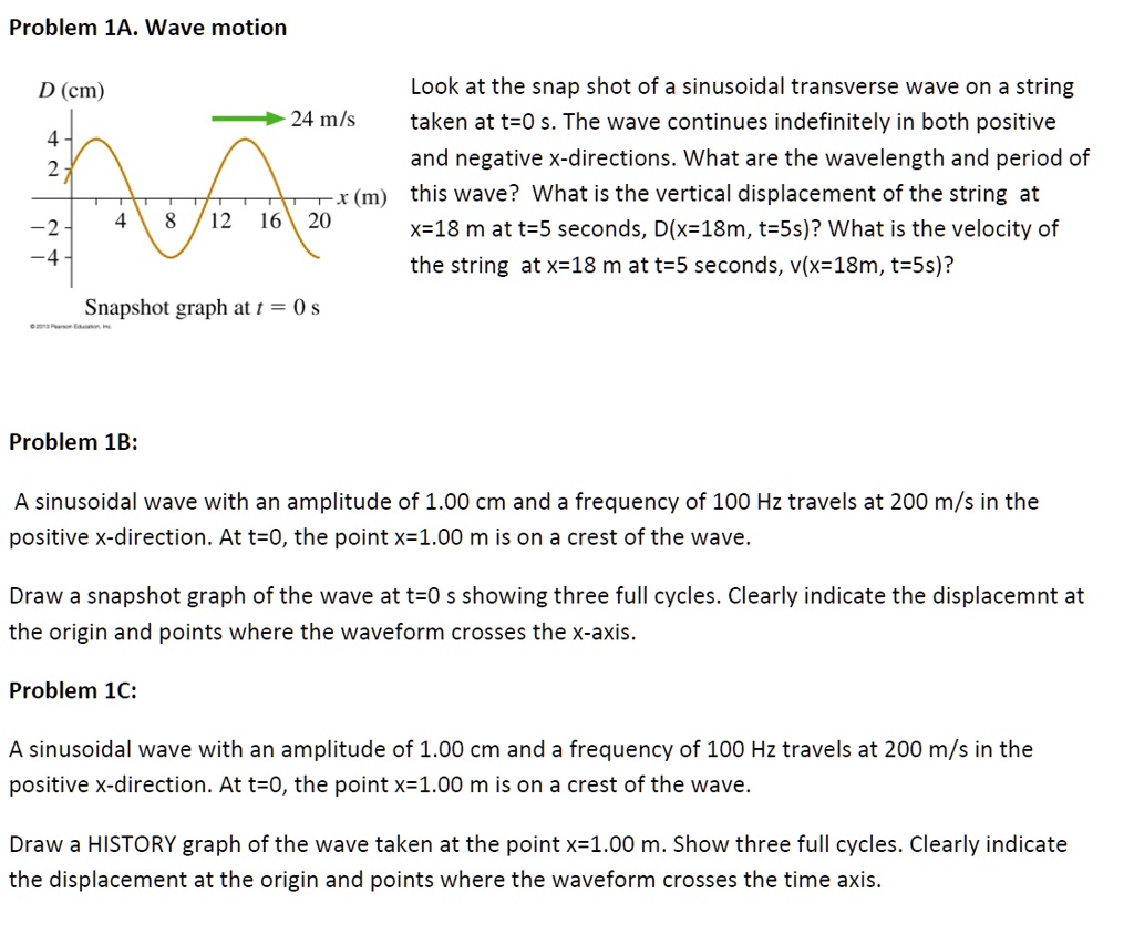 Problem 1A. Wave motion

D (cm)
4
2
24 m/s
-2
-4
4 8 12 16 20 x (m)

Snapshot graph at t = 0 s

Look at the snap shot of a sinusoidal transverse wave on a string taken at t=0 s. The wave continues indefinitely in both positive and negative x-directions. What are the wavelength and period of this wave? What is the vertical displacement of the string at x=18 m at t=5 seconds, D(x=18m, t=5s)? What is the velocity of the string at x=18 m at t=5 seconds, v(x=18m, t=5s)?

Problem 1B:

A sinusoidal wave with an amplitude of 1.00 cm and a frequency of 100 Hz travels at 200 m/s in the positive x-direction. At t=0, the point x=1.00 m is on a crest of the wave.

Draw a snapshot graph of the wave at t=0 s showing three full cycles. Clearly indicate the displacemnt at the origin and points where the waveform crosses the x-axis.

Problem 1C:

A sinusoidal wave with an amplitude of 1.00 cm and a frequency of 100 Hz travels at 200 m/s in the positive x-direction. At t=0, the point x=1.00 m is on a crest of the wave.

Draw a HISTORY graph of the wave taken at the point x=1.00 m. Show three full cycles. Clearly indicate the displacement at the origin and points where the waveform crosses the time axis.