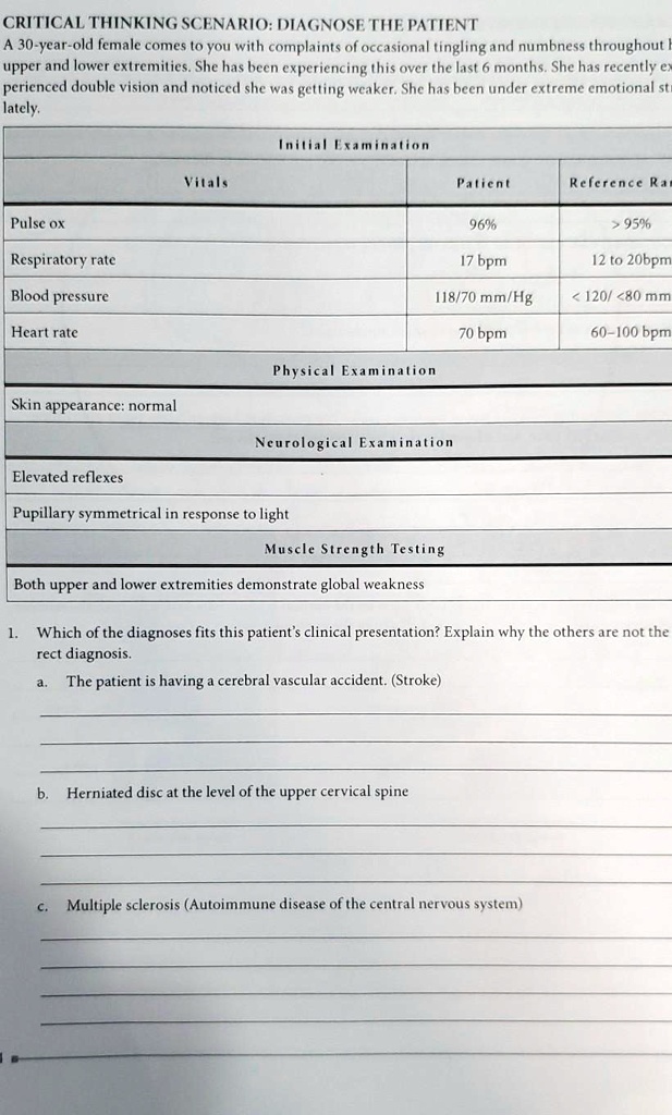 CRITICAL THINKING SCENARIO: DIAGNOSE THE PATIENT
A 30-year-old female comes to you with complaints of occasional tingling and numbness throughout her upper and lower extremities. She has been experiencing this over the last 6 months. She has recently experienced double vision and noticed she was getting weaker. She has been under extreme emotional stress lately.
Initial Examination
Vitals | Patient | Reference Range
Pulse ox | 96% | > 95%
Respiratory rate | 17 bpm | 12 to 20bpm
Blood pressure | 118/70 mm/Hg | < 120/ <80 mm Hg
Heart rate | 70 bpm | 60–100 bpm
Physical Examination
Skin appearance: normal
Neurological Examination
Elevated reflexes
Pupillary symmetrical in response to light
Muscle Strength Testing
Both upper and lower extremities demonstrate global weakness
1. Which of the diagnoses fits this patient’s clinical presentation? Explain why the others are not the correct diagnosis.
a. The patient is having a cerebral vascular accident. (Stroke)
b. Herniated disc at the level of the upper cervical spine
c. Multiple sclerosis (Autoimmune disease of the central nervous system)