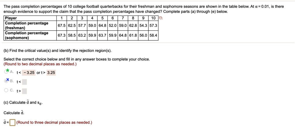 The pass completion percentages of 10 college football quarterbacks for their freshman and sophomore seasons are shown in the table below. At ? = 0.01, is there enough evidence to support the claim that the pass completion percentages have changed? Complete parts (a) through (e) below.

Player
Completion percentage (freshman): 67.5  62.5  57.7  59.0  64.8  52.0  59.0  62.8  54.3  57.3
Completion percentage (sophomore): 67.3  58.5  63.2  59.9  63.7  59.9  64.8  61.8  56.0  58.4

(b) Find the critical value(s) and identify the rejection region(s).
Select the correct choice below and fill in any answer boxes to complete your choice. (Round to two decimal places as needed.)
A. t < -3.25 or t > 3.25

(c) Calculate d? and sd.
Calculate d?.
(Round to three decimal places as needed.)
