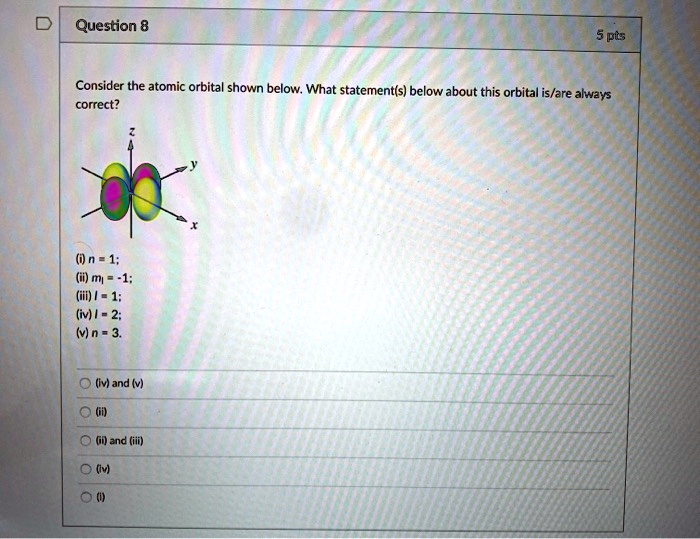 SOLVED: Question 8 pts Consider the atomic orbital shown below: What ...