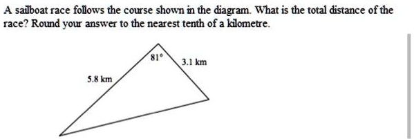 A sailboat race follows the course shown in the diagram. What is the total distance of the race? Round your answer to the nearest tenth of a kilometre.
81°
3.1 km
5.8 km