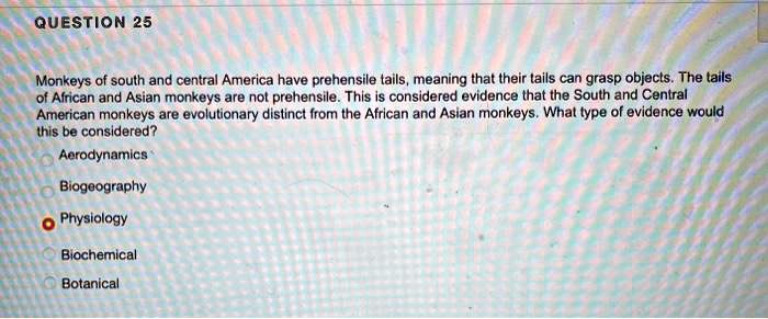 SOLVED: Question 25 Monkeys of south and central America have