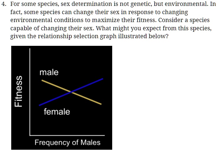 4. For some species, sex determination is not genetic, but environmental. In fact, some species can change their sex in response to changing environmental conditions to maximize their fitness. Consider a species capable of changing their sex. What might you expect from this species, given the relationship selection graph illustrated below?
male
Fitness
female
Frequency of Males