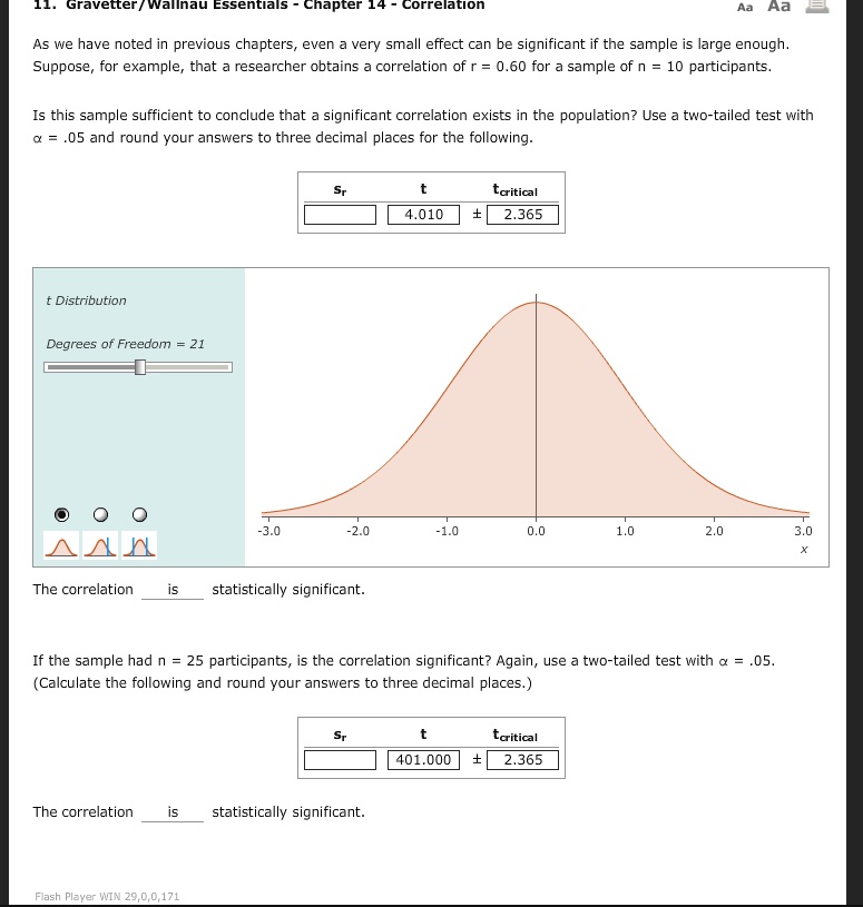 gravetter wvalinau essentials chapter 14 correlation aa as we have noted in previous chapters even very small effect can be significant if the sample is large enough suppose for example that 75139