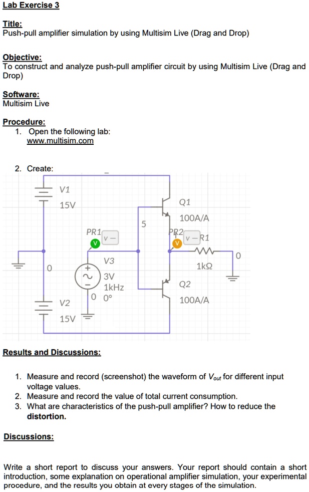 SOLVED Texts Lab Exercise 3 Title Pushpull amplifier simulation