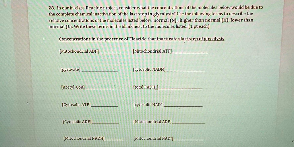 28. In our in-class fleacide project, consider what the concentrations of the molecules below would be due to
the complete chemical inactivation of the last step in glycolysis? Use the following terms to describe the
relative concentrations of the molecules listed below: normal (N), higher than normal (H), lower than
normal (L). Write these terms in the blank next to the molecules listed. (1 pt each)
Concentrations in the presence of Fleacide that inactivates last step of glycolysis
[Mitochondrial ADP]
[Mitochondrial ATP]
[pyruvate]
[cytosolic NADH]
[Acetyl-CoA]
[total FADH2]
[Cytosolic ATP]
[cytosolic NAD^+]
[Cytosolic ADP]
[Mitochondrial ADP]
[Mitochondrial NADH]
[Mitochondrial NAD^+]