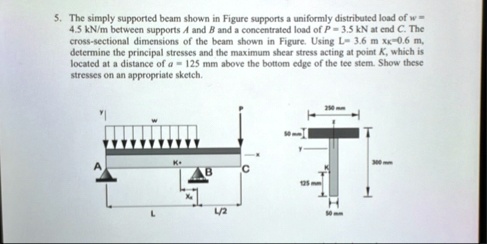 5 the simply supported beam shown in figure supports a uniformly distributed load of w 45 text knm between supports a and b and a concentrated load of p 35 text kn at end c the cross section 22936