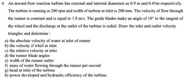 SOLVED: An inward flow reaction turbine has external and internal ...