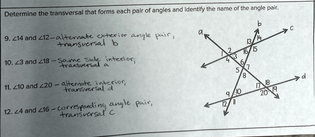 Determine the transversal that forms each pair of angles and identify the name of the angle pair.
9. ∠14 and ∠12 - alternate exterior angle pair,
transversal b
10. ∠3 and ∠18 - Same side interior,
transversal a
11. ∠10 and ∠20 - alternate interior,
transversal d
12. ∠4 and ∠16 - corresponding angle pair,
transversal c