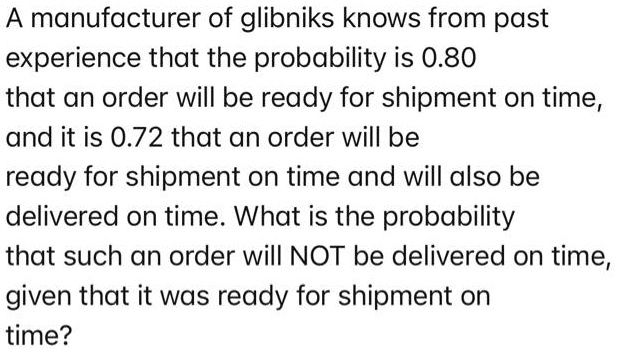 A manufacturer of glibniks knows from past experience that the probability is 0.80 that an order will be ready for shipment on time, and it is 0.72 that an order will be ready for shipment on time and will also be delivered on time. What is the probability that such an order will NOT be delivered on time, given that it was ready for shipment on time?
