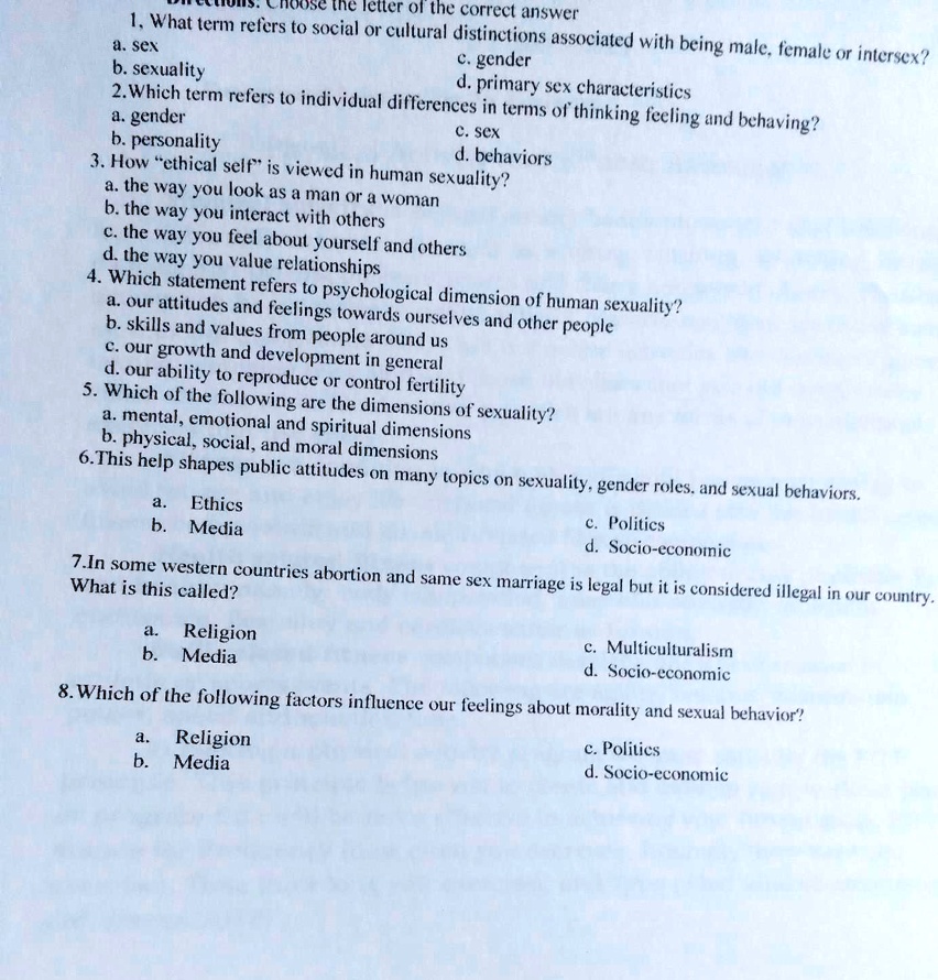 SOLVED HEALTH a. SON b. sexuality Directions Choose the letter