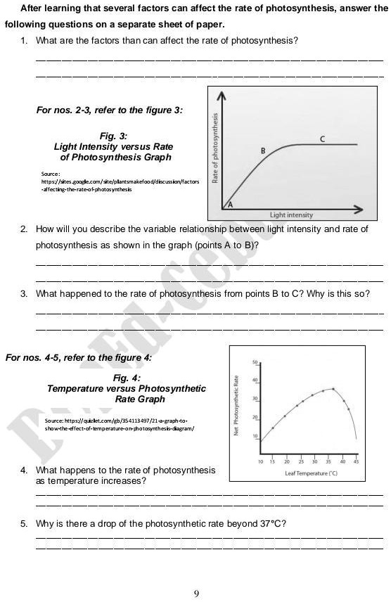 After learning that several factors can affect the rate of photosynthesis, answer the
following questions on a separate sheet of paper.
1. What are the factors than can affect the rate of photosynthesis?
For nos. 2-3, refer to the figure 3:
Fig. 3:
Light Intensity versus Rate
of Photosynthesis Graph
Source:
https://sites.google.com/site/plantsmakefood/discussion/factors
-affecting-the-rate-of-photosynthesis
2. How will you describe the variable relationship between light intensity and rate of
photosynthesis as shown in the graph (points A to B)?
3. What happened to the rate of photosynthesis from points B to C? Why is this so?
For nos. 4-5, refer to the figure 4:
Fig. 4:
Temperature versus Photosynthetic
Rate Graph
Source: https://quizlet.com/gb/354113497/21-a-graph-to-
show-the-effect-of-temperature-on-photosynthesis-diagram/
4. What happens to the rate of photosynthesis
as temperature increases?
5. Why is there a drop of the photosynthetic rate beyond 37°C?