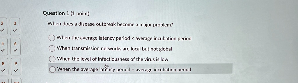Question 1 (1 point)
When does a disease outbreak become a major problem?
When the average latency period < average incubation period
When transmission networks are local but not global
When the level of infectiousness of the virus is low
When the average latency period = average incubation period