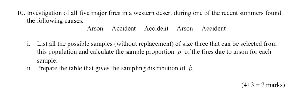 10. Investigation of all five major fires in a western desert during one of the recent summers found
the following causes.
Arson Accident Accident Arson Accident
i. List all the possible samples (without replacement) of size three that can be selected from
this population and calculate the sample proportion p̂ of the fires due to arson for each
sample.
ii. Prepare the table that gives the sampling distribution of p̂.
(4+3 = 7 marks)