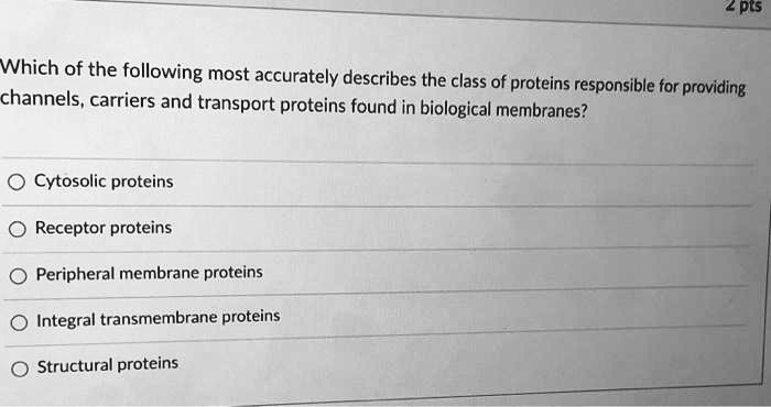 Which of the following most accurately describes the class of proteins responsible for providing channels, carriers and transport proteins found in biological membranes?

Cytosolic proteins
Receptor proteins
Peripheral membrane proteins
Integral transmembrane proteins
Structural proteins