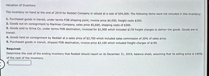 SOLVED: Valuation of Inventory The inventory on hand at the end of 2019 ...