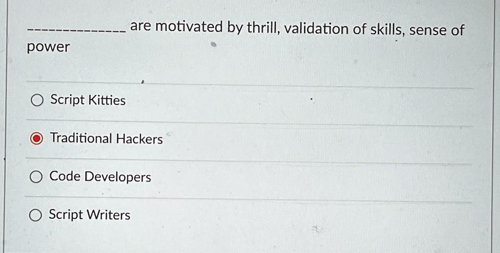power
are motivated by thrill, validation of skills, sense of
Script Kitties
Traditional Hackers
Code Developers
Script Writers